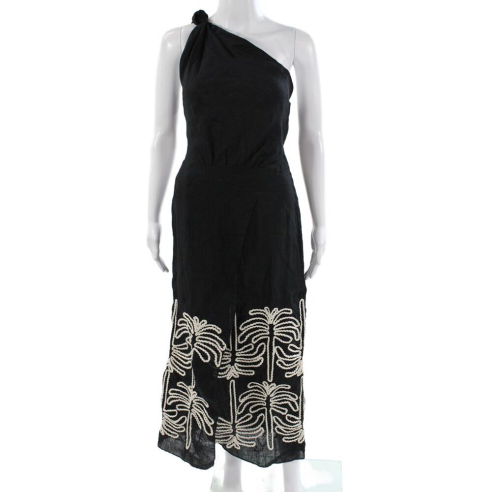 Johanna Ortiz Women Maxi Dress Black One Shoulder Linen Mid Calf Size 0